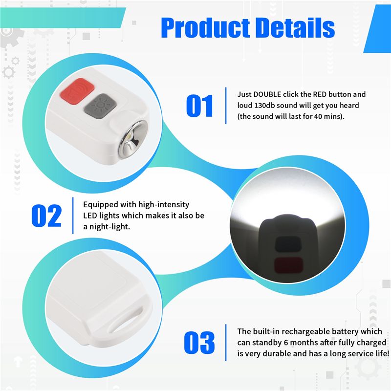 Personal Alarm Keychain - 個人用アラーム、女性向け安全アラーム（SOS LEDライト付き）、130dBのサイレン、防水キーホルダー型音響装置（子供や高齢者向け）。