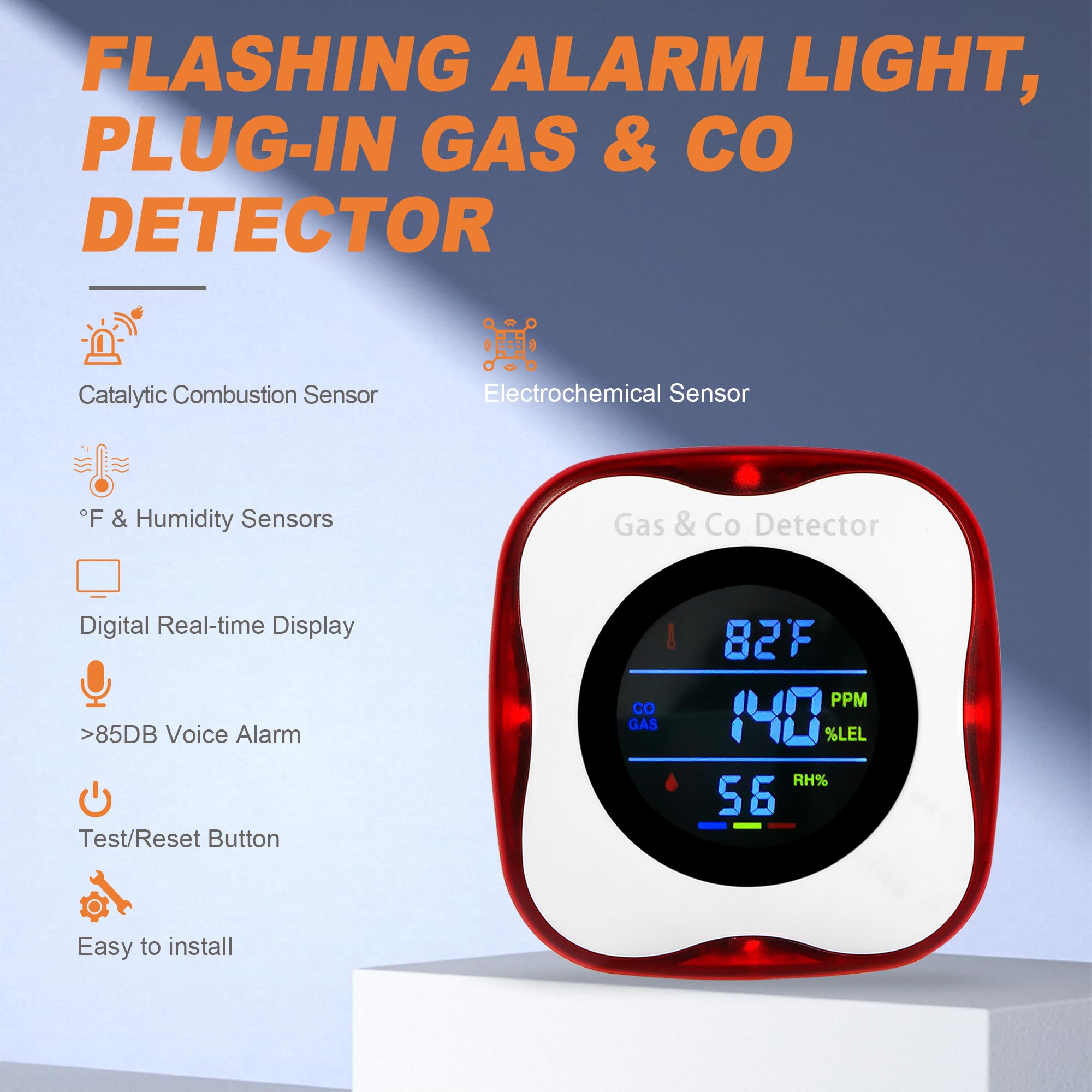 Co Detector Plug - 複合式ガス・一酸化炭素検知器（プラグイン式）、天然ガス検知器、プロパン、一酸化炭素警報、CO濃度表示 ° 家庭、キッチン、RV車用の煙・湿度・ガス検知器